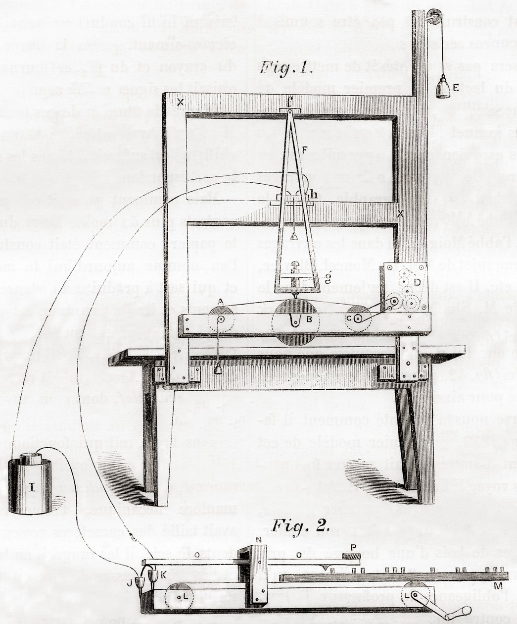 El primer telégrafo eléctrico inventado por Samuel Morse en 1837, de Les Merveilles de la Science, publicado c.1870 de French School