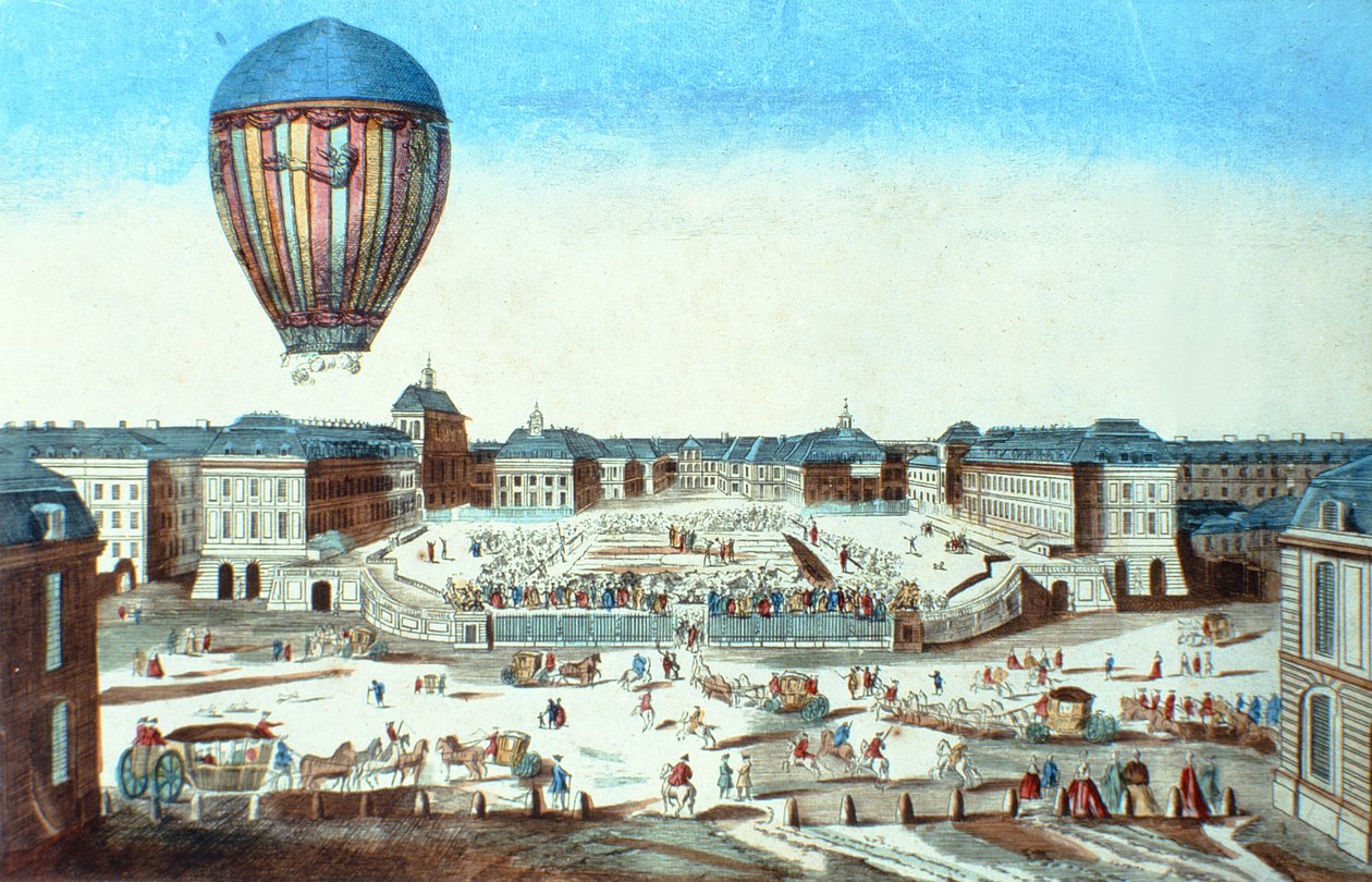 El primer vuelo del globo aerostático de Pilatre du Rozier, nombrado en honor a su patrocinador, M. Montgolfier, en Versalles el 23 de junio de 1784 de French School
