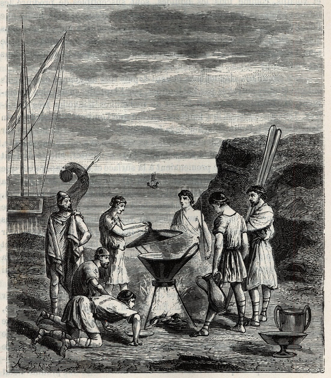 Los primeros navegantes en el archipiélago griego obtenían agua dulce vaporizando agua de mar - Grabado en “Ciencias al alcance de todos - Física y química popular” de Alexis Clerc - Finales del siglo XIX - Colección privada de French School