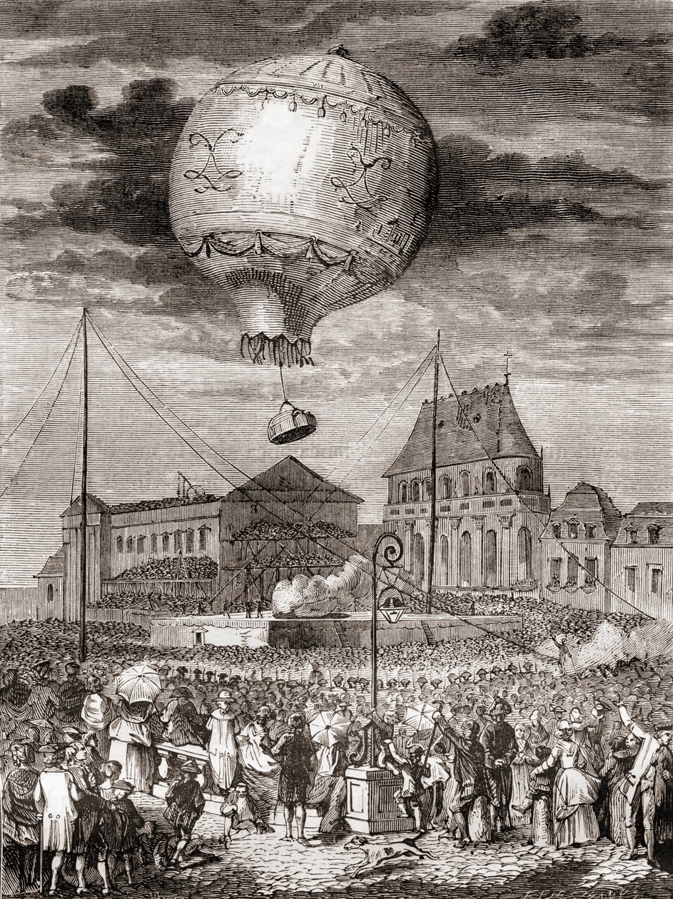 El vuelo del Aerostat Réveillon el 19 de septiembre de 1783 por los hermanos Montgolfier en Versalles, Francia, ante el rey Luis XVI de Francia y la reina María Antonieta, de Les Merveilles de la Science, publicado c.1870 (grabado) de French School