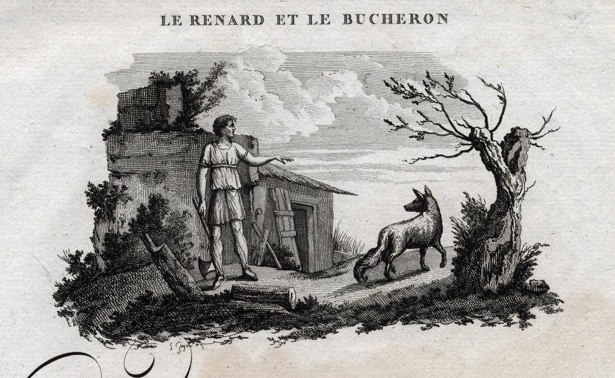 El zorro y el leñador. Fábula de Esopo. Escrita por Guillaume Montfort y grabada por Beauble en 1801. de French School