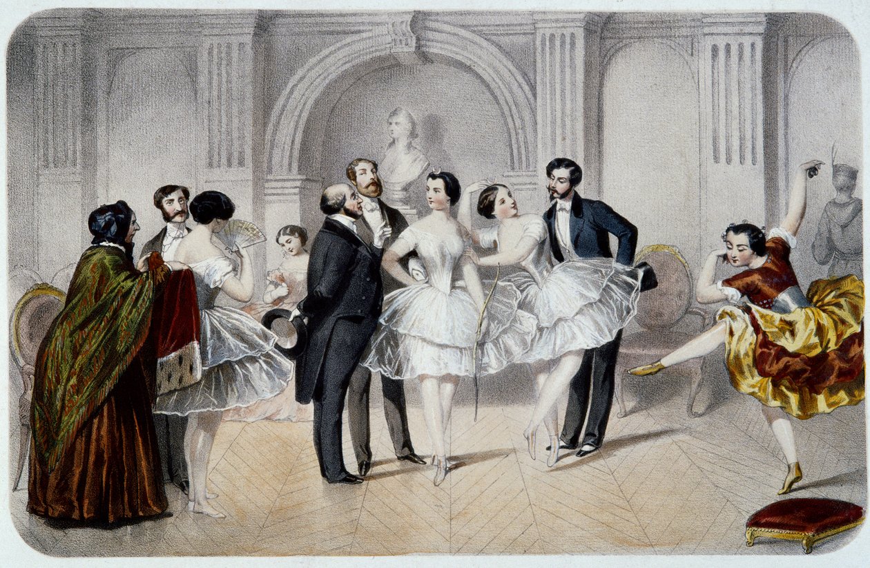 El vestíbulo de la Ópera (Ópera Garnier en París). Una bailarina de tutú charlando con caballeros que vinieron a saludarlas o dando unos pasos de baile. Grabado de French School
