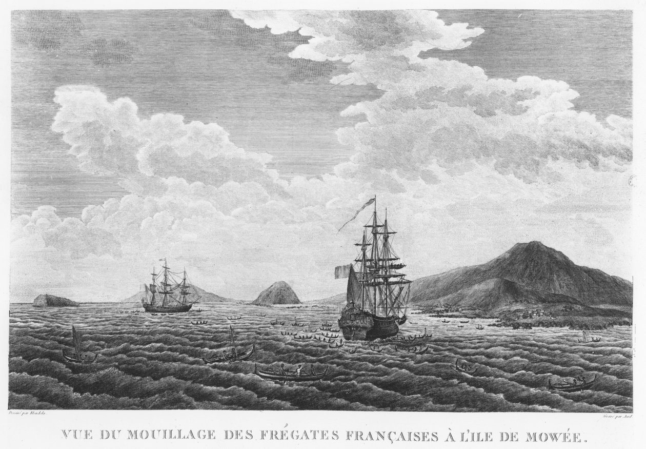 Las fragatas de La Perouse en la isla de Maui (grabado) de French School