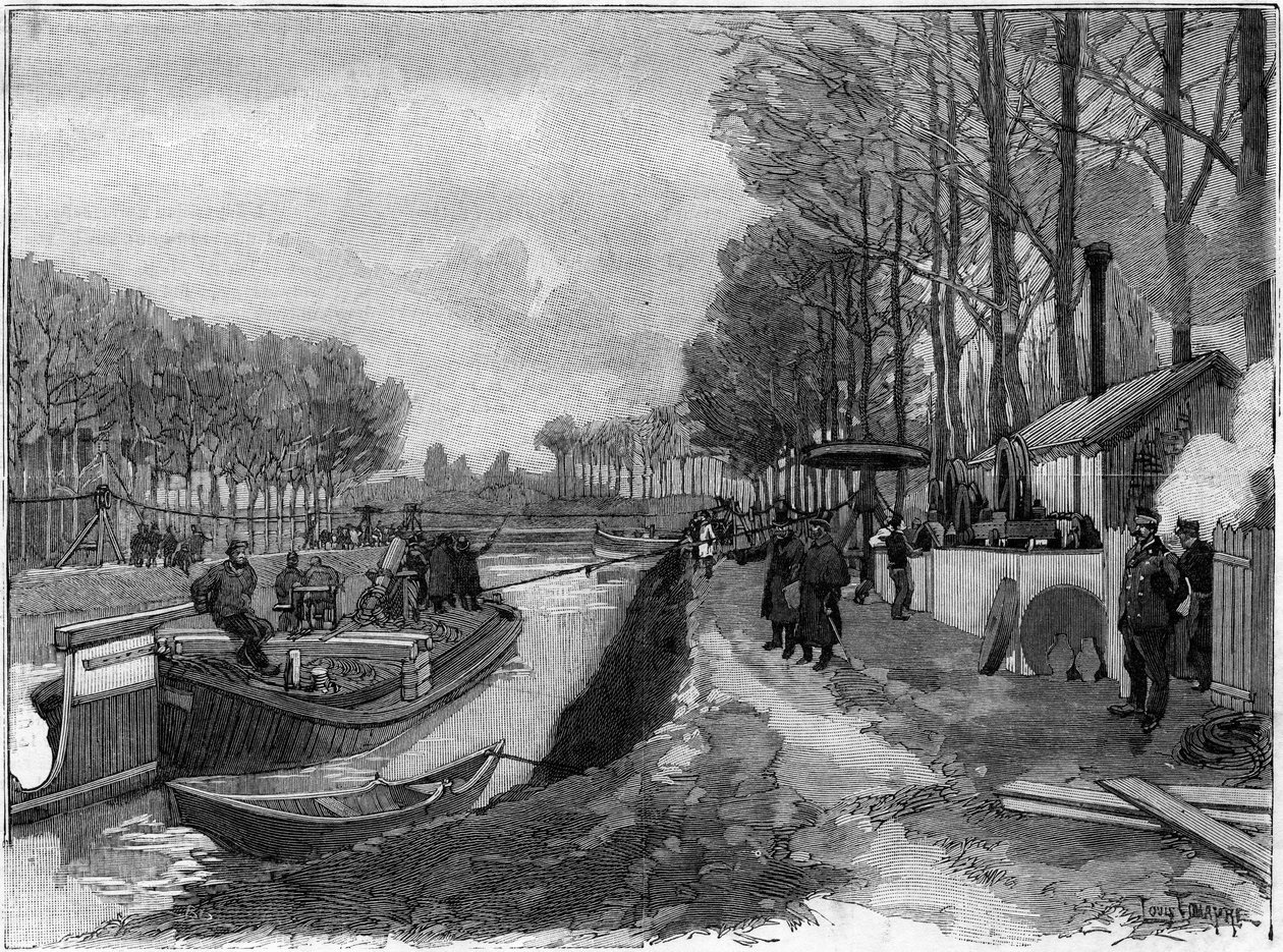 El funicular de arrastre de barcos en los canales en Joinville le Pont, siguiendo el sistema de Maurice Levy. de French School