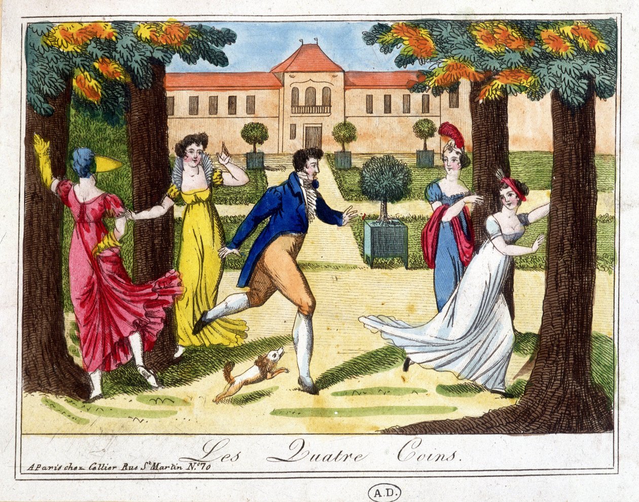 El juego de las cuatro esquinas. Grabado principios del siglo XIX de French School
