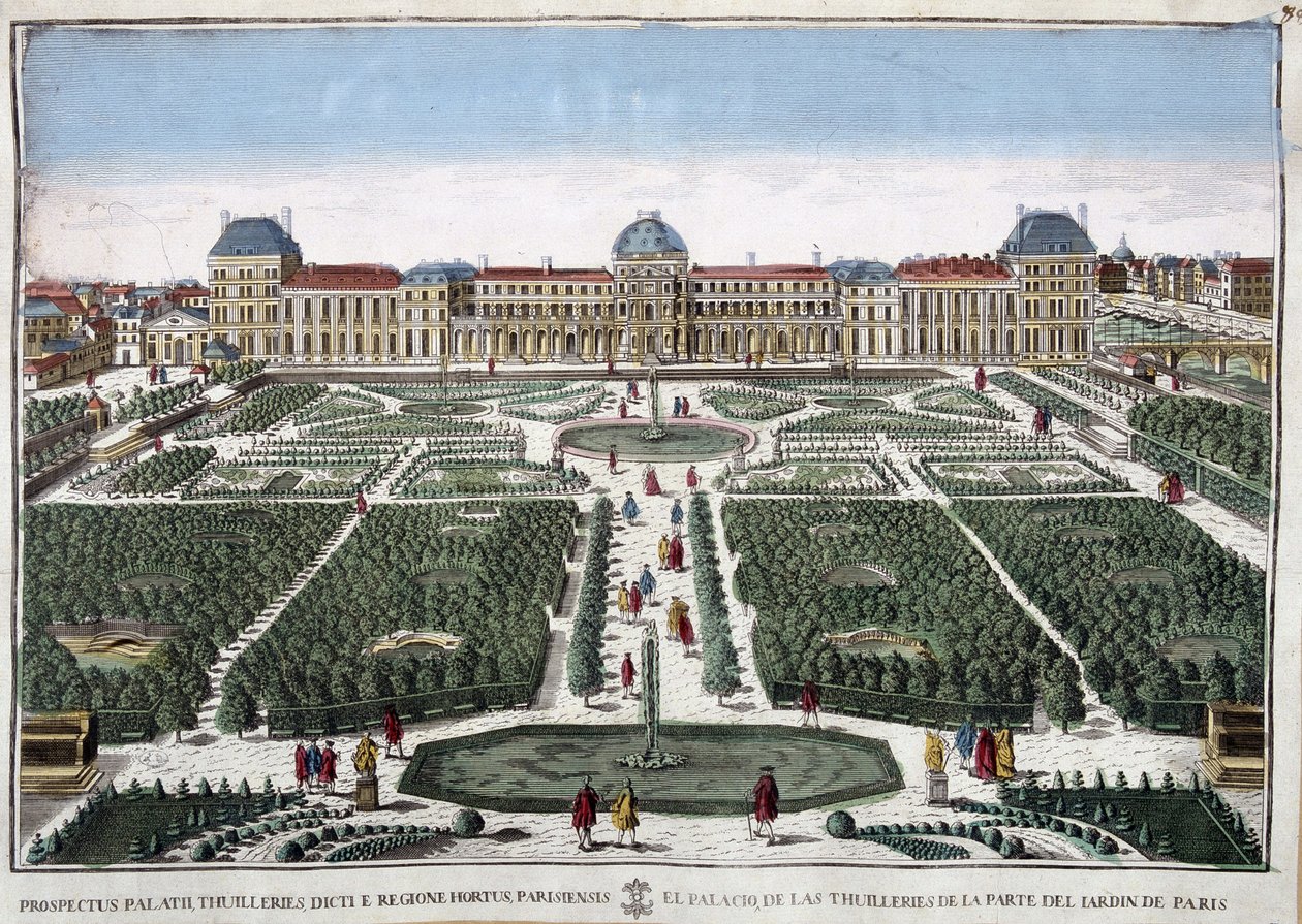 Los jardines y el palacio de las Tullerías - grabado de French School