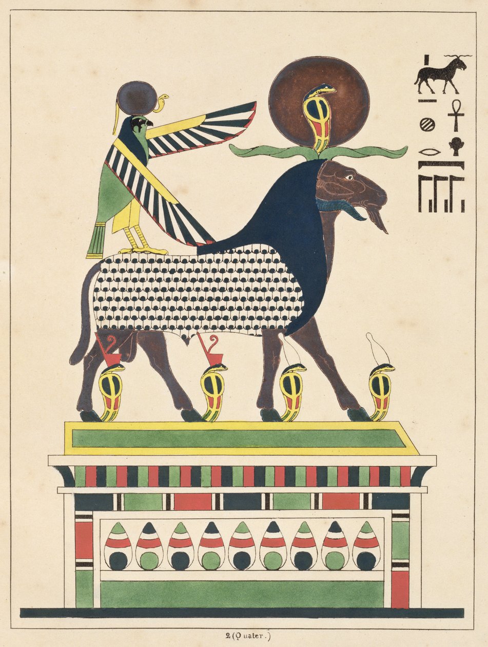 El dios Amón-Ra, ilustración de Pantheon egyptien: colección de personajes mitológicos del antiguo Egipto, por Jean-Francois Champollion, publicado c.1986 de French School