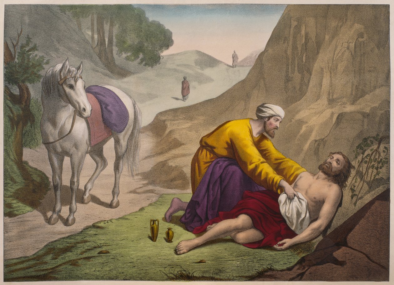El buen samaritano, ilustración de un catecismo L