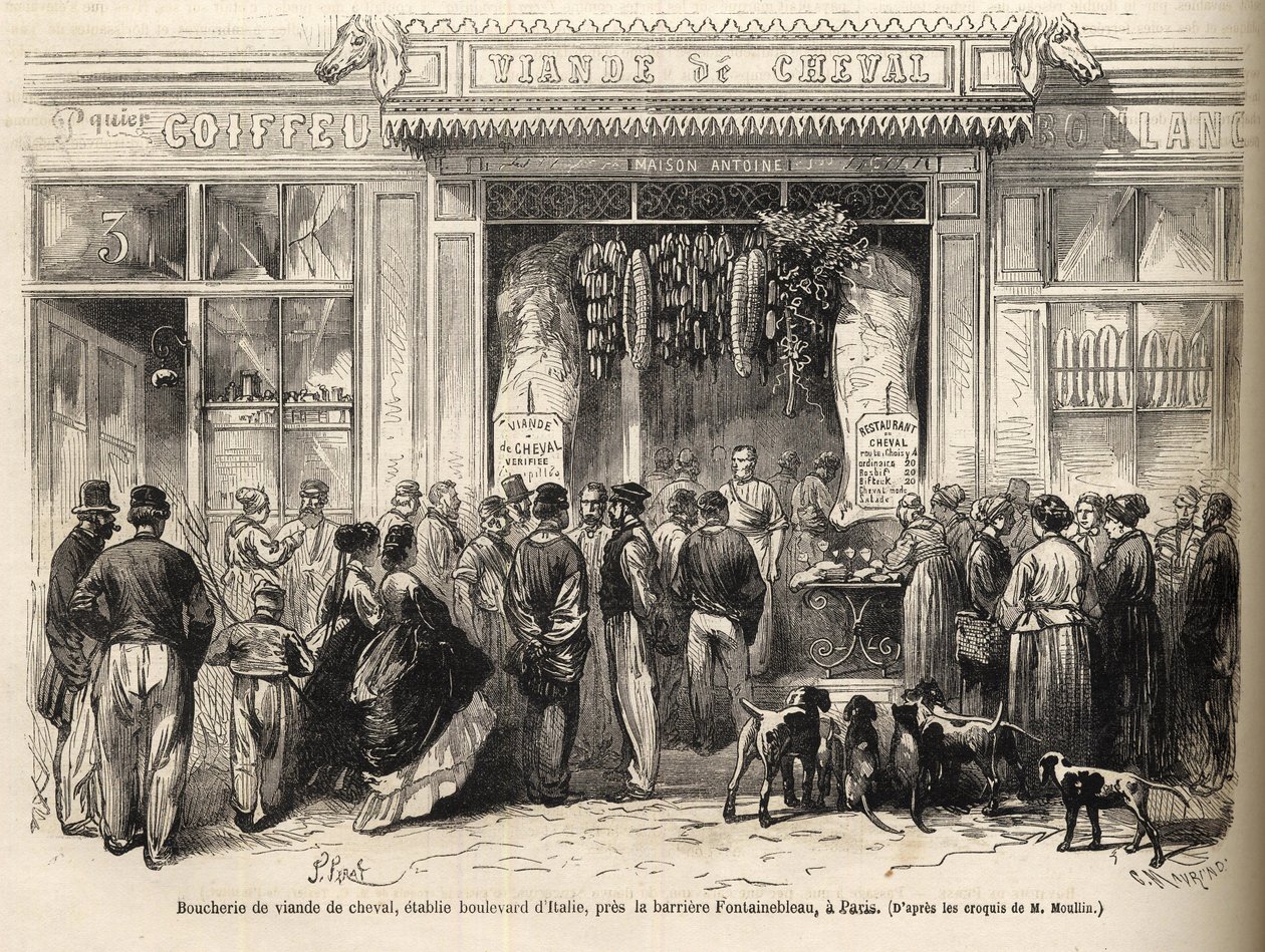 La carnicería de caballos en la barrière de Fontainebleau (París) abierta en 1866 - carnicería de caballos - Boucherie Meat de Cheval Boulevard Italie cerca de la barrière de Fontainebleau 1866) Grabado en "Le monde illustré" de 1866 de French School