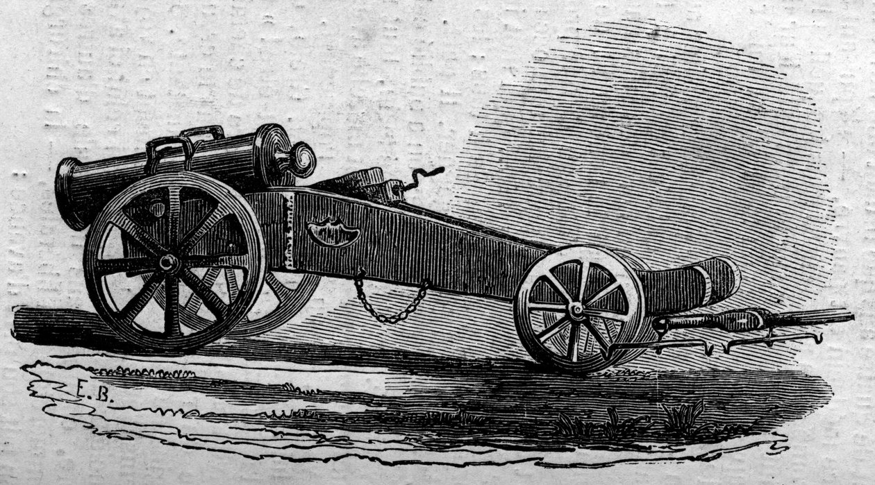 El obús del ejército austríaco utilizado durante la Batalla del Puente de Buffalora (Italia) durante el Risorgimento en 1859. Grabado en “Le Monde Illustré” n°114 del 18 de junio de 1859. de French School