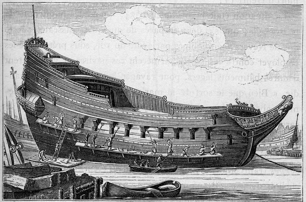 El casco de un gran barco en el siglo XVII. Grabado en 