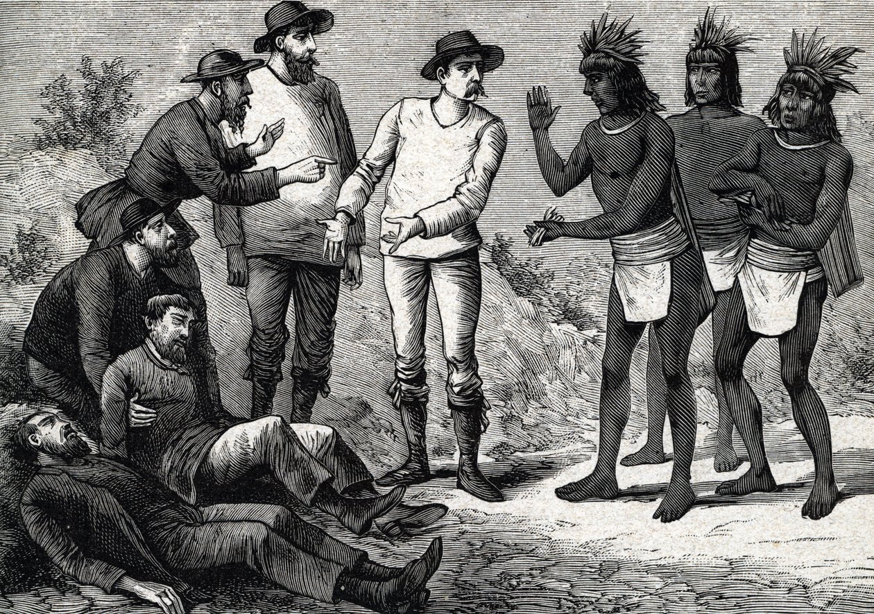 Los habitantes de Perú ayudando a los europeos coloniales que sufren de malaria con Cinchona (grabado) 1888 de French School