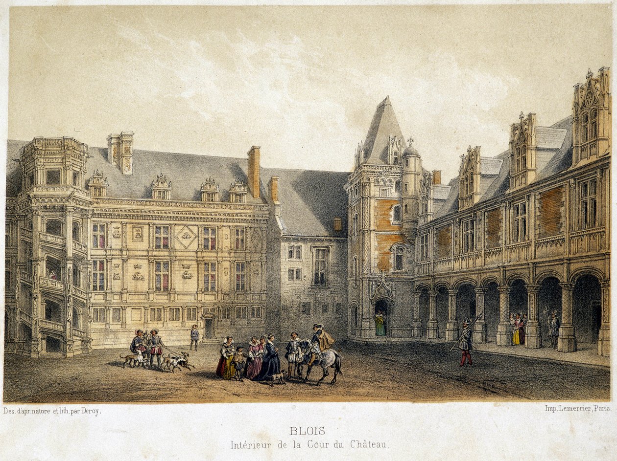 El interior del patio del castillo de Blois en la época de Francisco I (siglo XVI) - litografía de French School