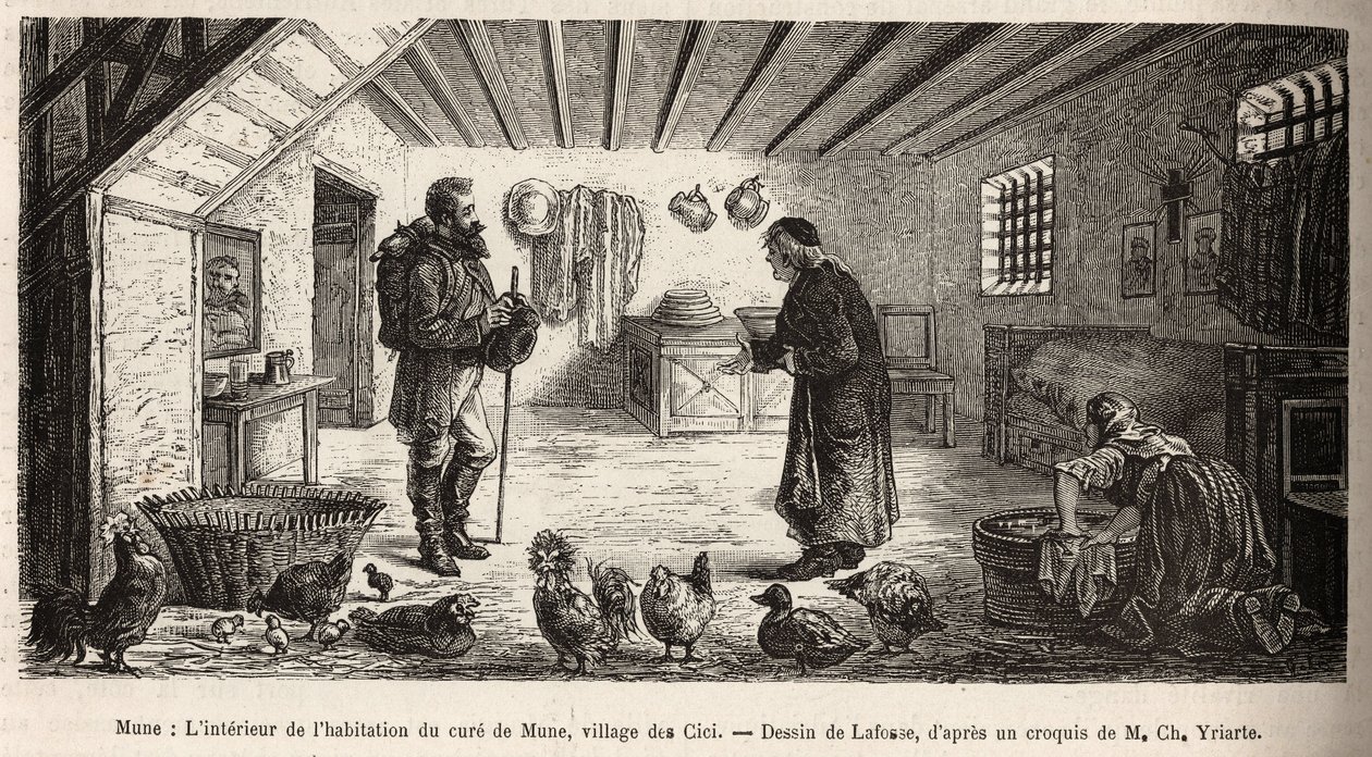 El interior de la casa del cura de Mune, pueblo de Les Cici, que alberga al narrador en la sala principal, donde una mujer lava la ropa de rodillas, junto a las aves de corral que viven allí en completa libertad, grabado después de un dibujo de Lafosse il de French School