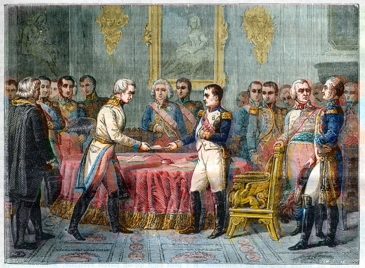 La entrevista de Erfurt, 27 de septiembre - 14 de octubre de 1808 - Napoleón I recibiendo al Barón Vincent, diplomático austriaco y enviado del Emperador de Austria a la derecha Alejandro I de Rusia (1777-1825) - Asamblea de Príncipes en Erfurt el 27 de se de French School