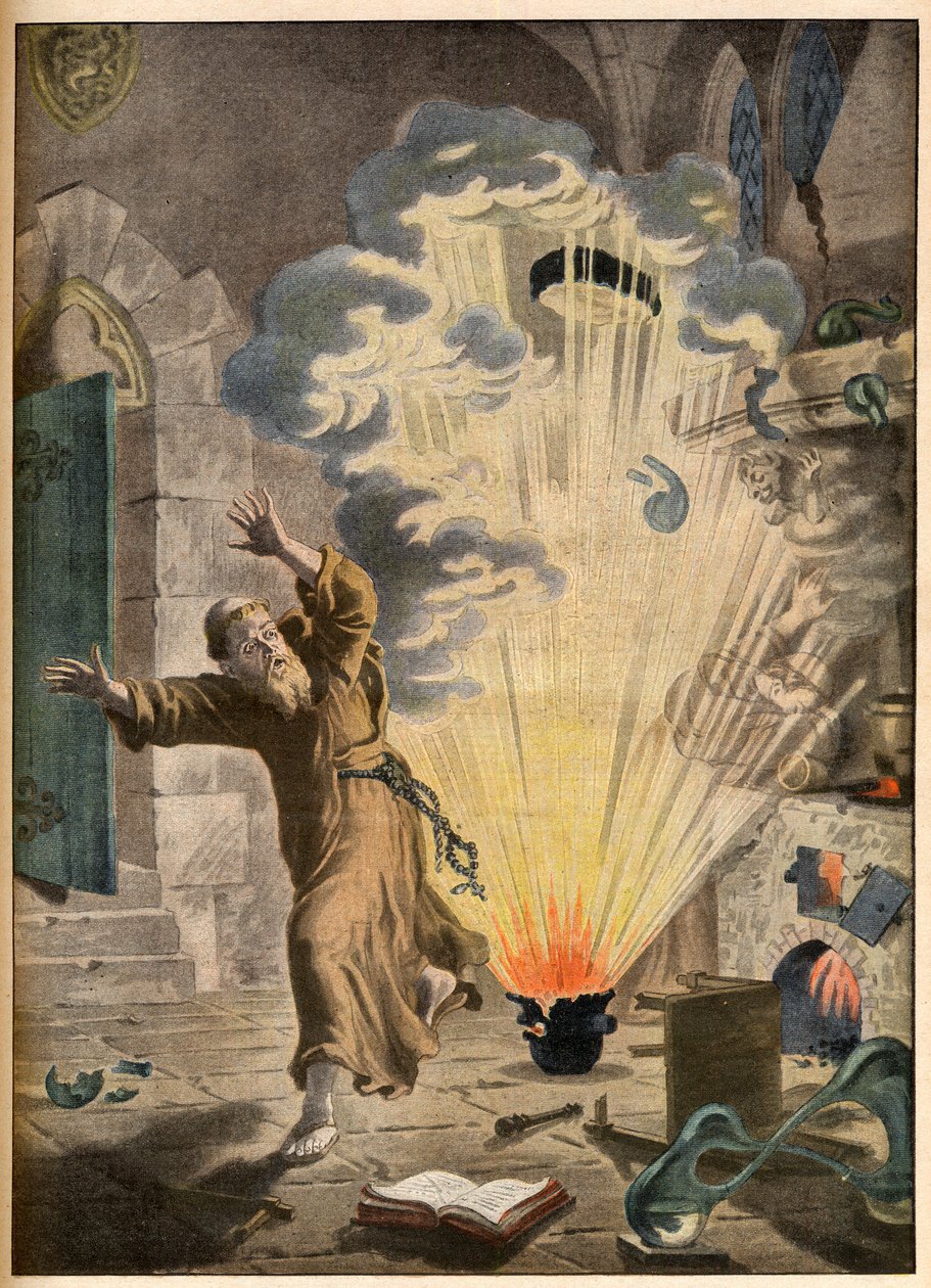 La invención de la pólvora por el monje y alquimista alemán Berthold Schwartz (ca. 1318-1384) - Ilustres invenciones. La pólvora. Ilustración para Le petit Journal, 27 de enero de 1901 de French School