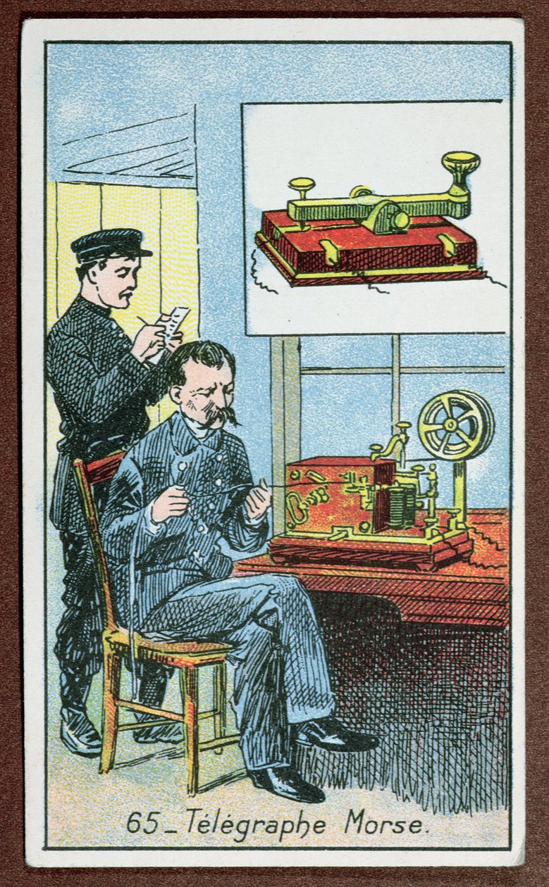 La invención de la telegrafía con código Morse, número 65 en una serie de tarjetas que representan grandes invenciones, c.1910 de French School