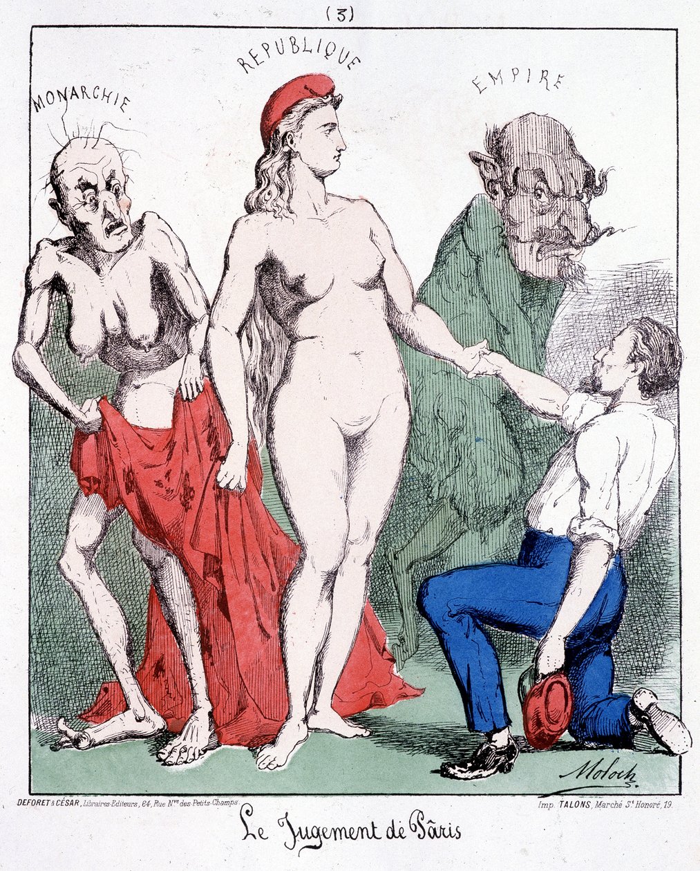El juicio de París: Monarquía - República - Imperio (un comunero elige la República). Caricatura sobre la Comuna. de French School