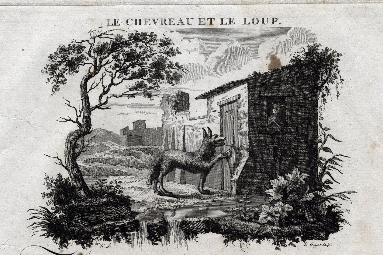 El cabrito y el lobo. Fábula de Esopo. (Escritor griego Esopo o Ecopo, siglo VI a.C.) Escrito por Guillaume Montfort y grabado por Beauble en 1801. de French School