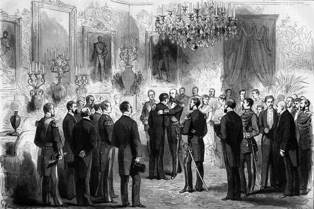 El rey de Suecia Oscar II (1829-1907) recibió a los exploradores Nils Adolf Erik (Eric) Barón Nordenskjold (Nordenskiold) (1832-1901) y al Teniente Palander en el Palacio Real de Estocolmo. En 1878 Nordenskjold pasó del Océano Atlántico al Océano Pacífico de French School