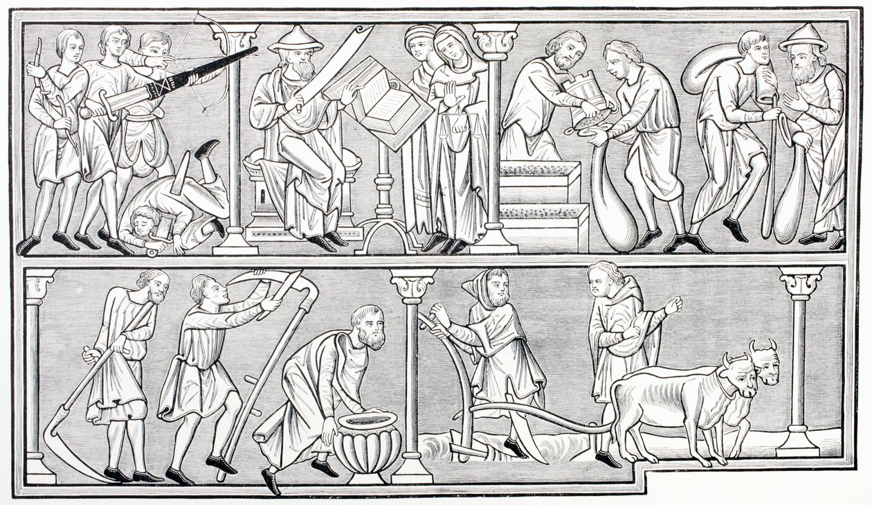Los trabajos de la guerra, la ciencia, el comercio y la agricultura, después de una miniatura en un salterio del siglo XIII, de Les Arts au Moyen Age, publicado en 1873 de French School