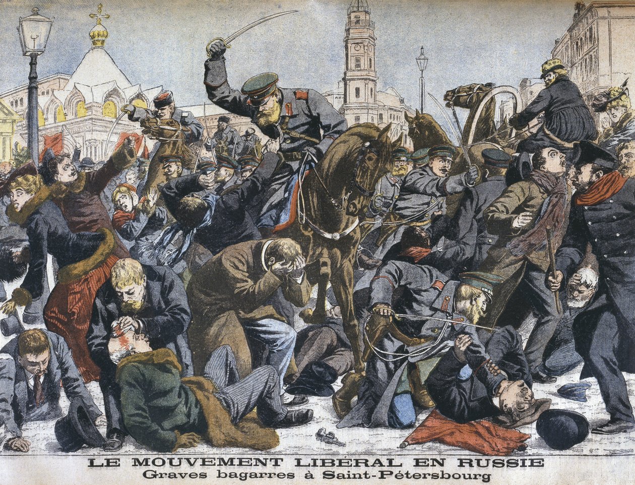 El movimiento liberal en Rusia, peleas violentas en San Petersburgo, ilustración de Le Petit Journal: Supplement illustre, 25 de diciembre de 1904 de French School