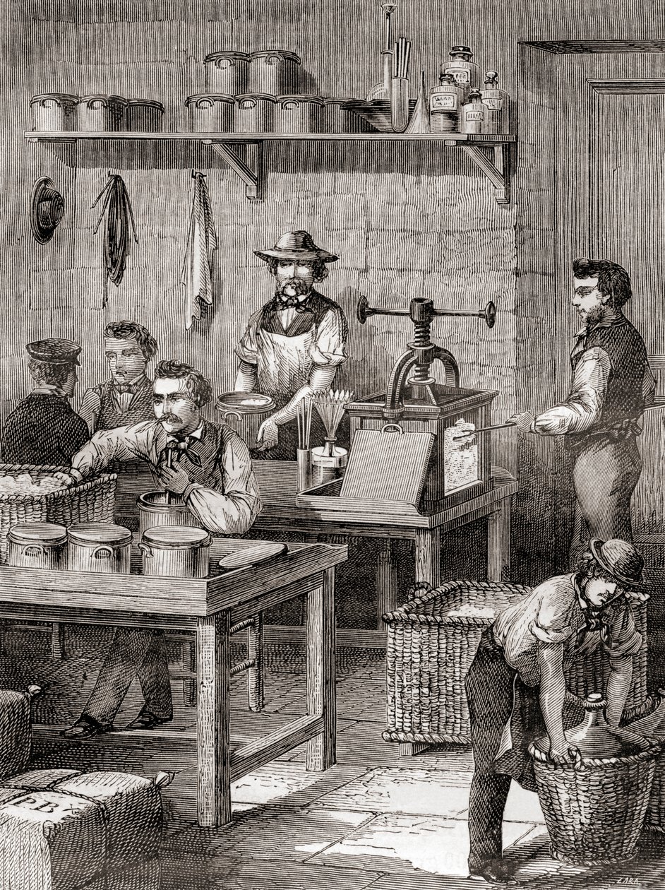 La fabricación de algodón pólvora en el siglo XIX, de Les Merveilles de la Science, publicado c.1870 de French School