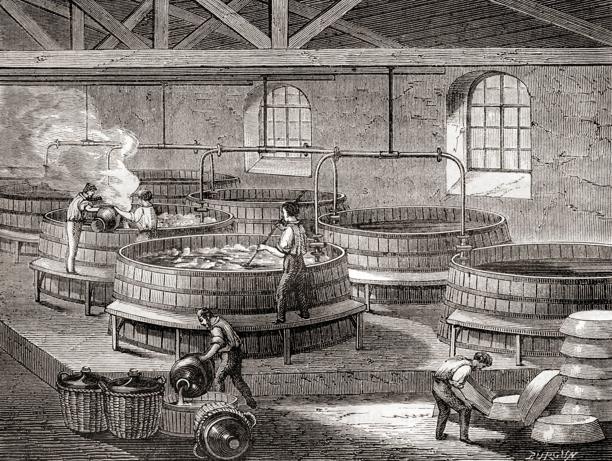 La fabricación de jabón en grandes cubas en el siglo XIX, de "Les Merveilles de la Science", publicado hacia 1870 (grabado). de French School