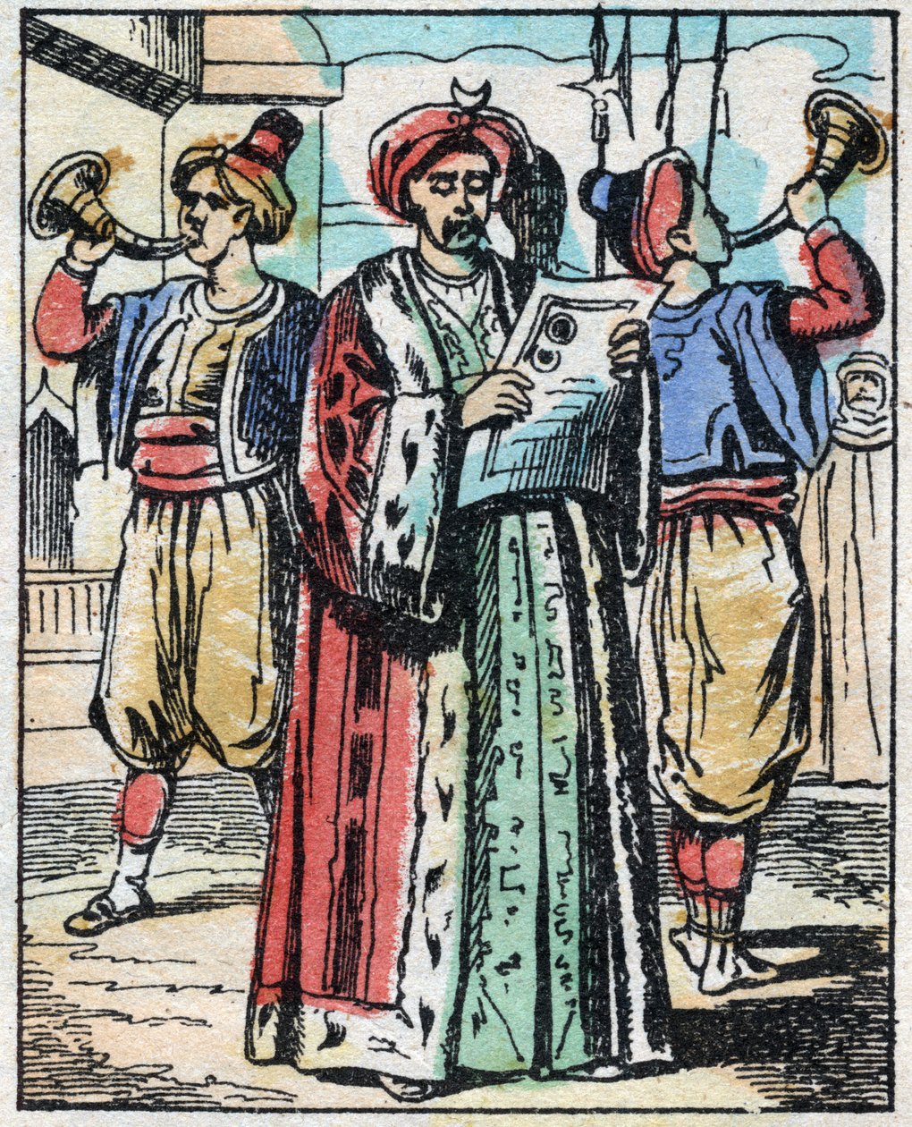 El matrimonio de la hija del Sultán con el hijo del Gran Visir es anunciado por un lector público. Grabado del cuento de Las mil y una noches “Aladino y la lámpara maravillosa”. Imágenes de Epinal, finales del siglo XIX. Colección privada. de French School