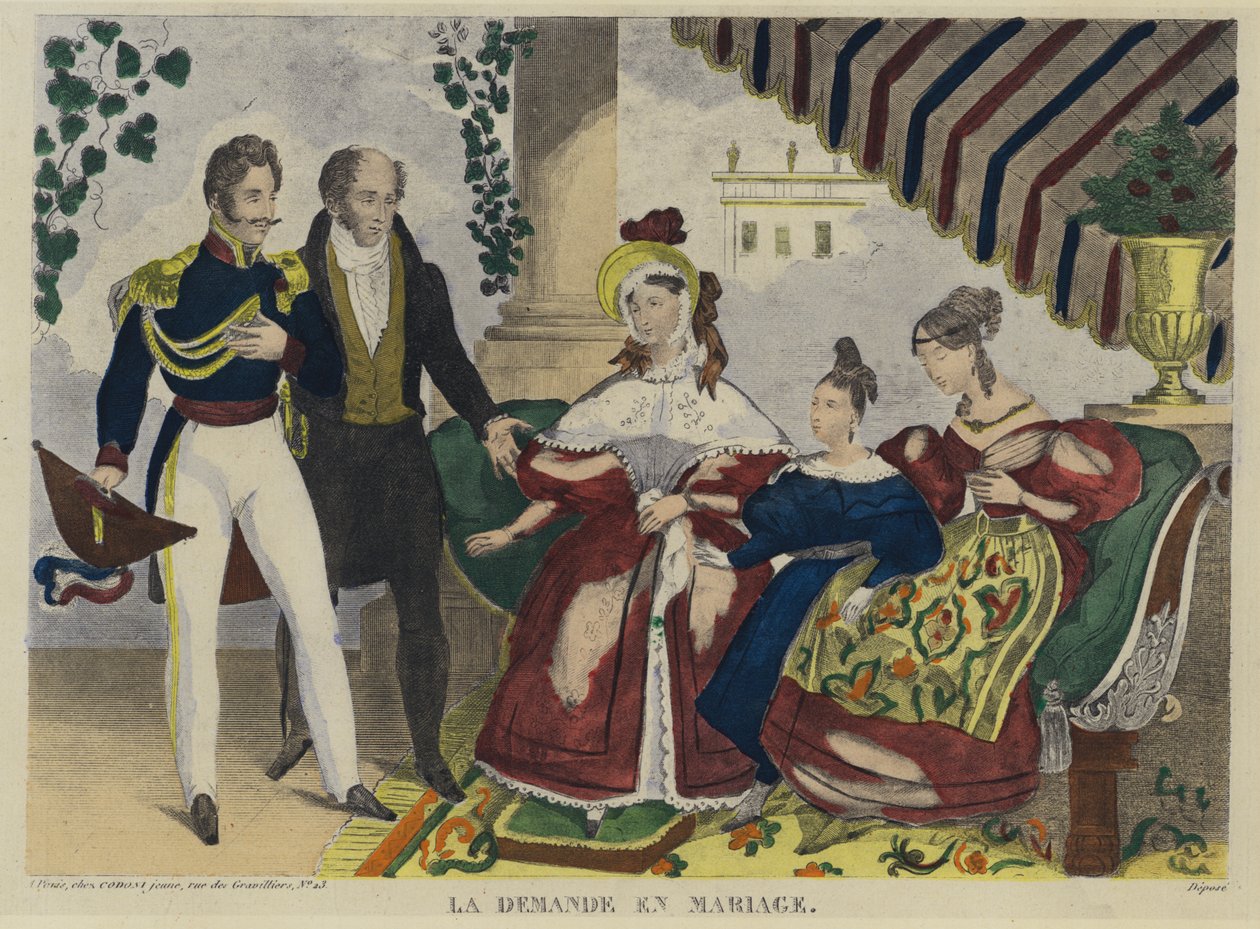 La proposición de matrimonio (litografía en color) de French School
