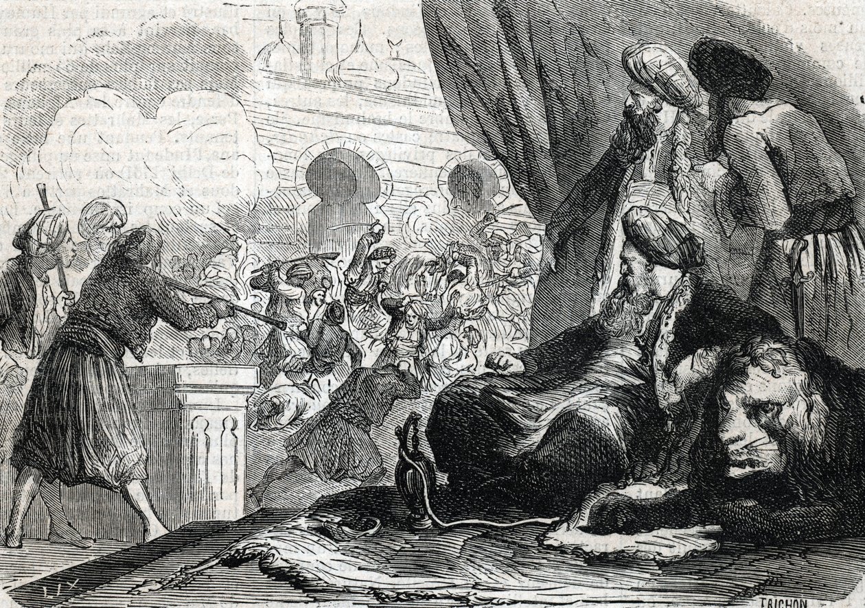 La masacre del ejército de los jenízaros en 1826 por el sultán Mahmud II, Constantinopla (grabado) 1864 de French School