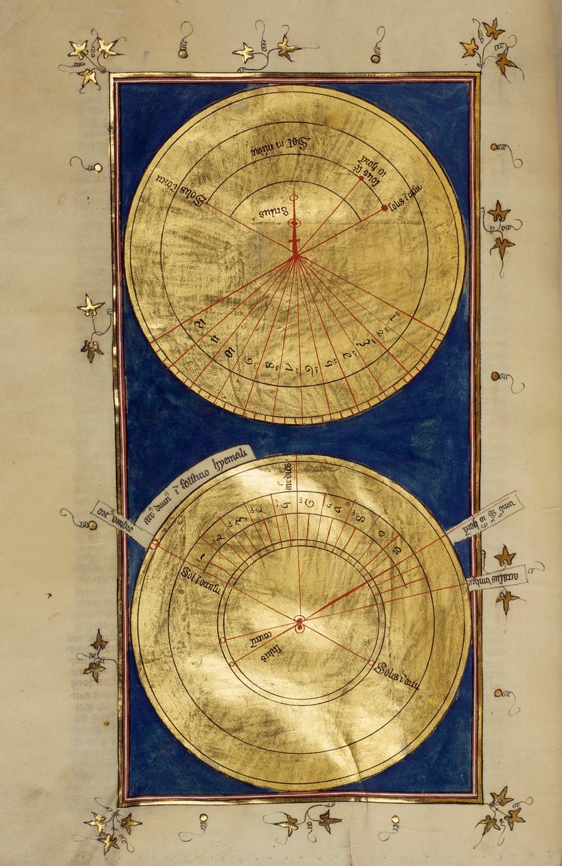El milagro de Ezequías o el reloj de Ajaz (Achas) El rey enfermo de Judá Ezequías recibe el derecho a un favor de Dios que escucha su juramento de retroceder en el tiempo. Representación de relojes de sol. Miniatura de "Comentarios de la Biblia" de Nichola de French School