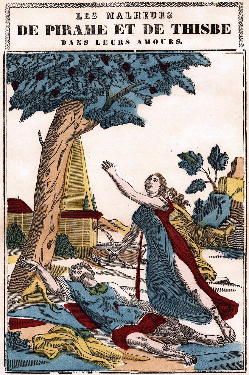 Las desventuras de Píramo y Tisbe en su amor, contadas por Ovidio en “Las metamorfosis”. Imagen de Épinal de French School