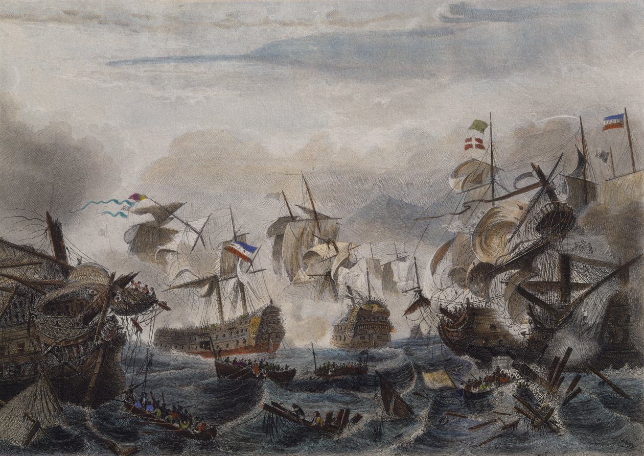 La batalla naval de Cabo La Hogue en 1692, grabado por Chavanne de French School