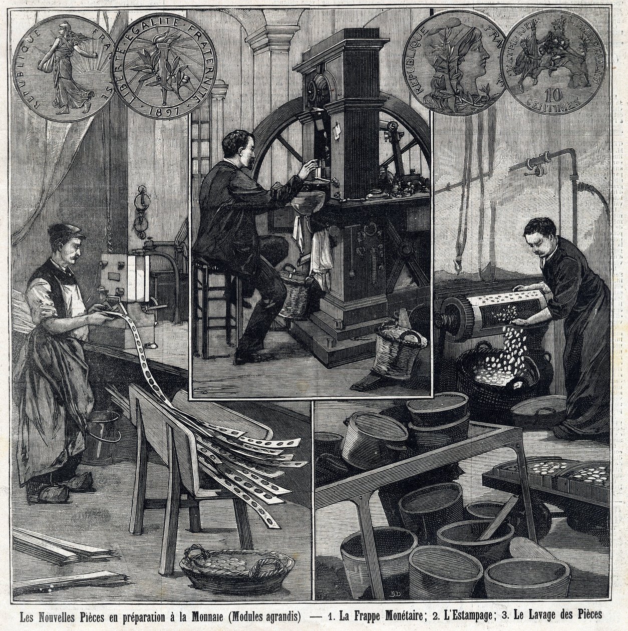 Las nuevas monedas francesas en preparación tienen las monedas y las etapas de fabricación (tipificación monetaria, estampado y lavado de monedas). En "Le Petit Parisien" de French School