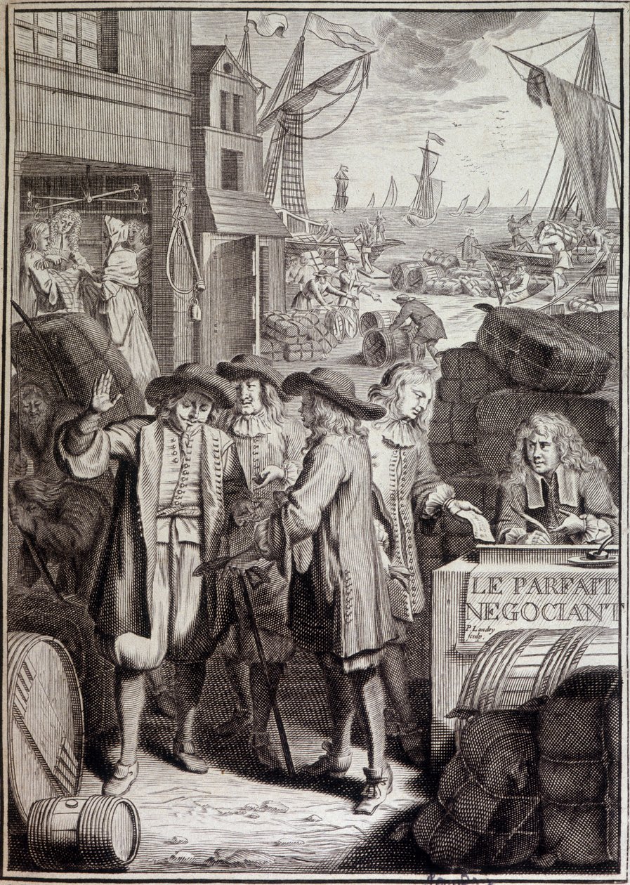 La negociación perfecta (conclusión de una marcha sobre un puerto en el siglo XVIII) - frontispicio de una obra de Jacques Savary de French School