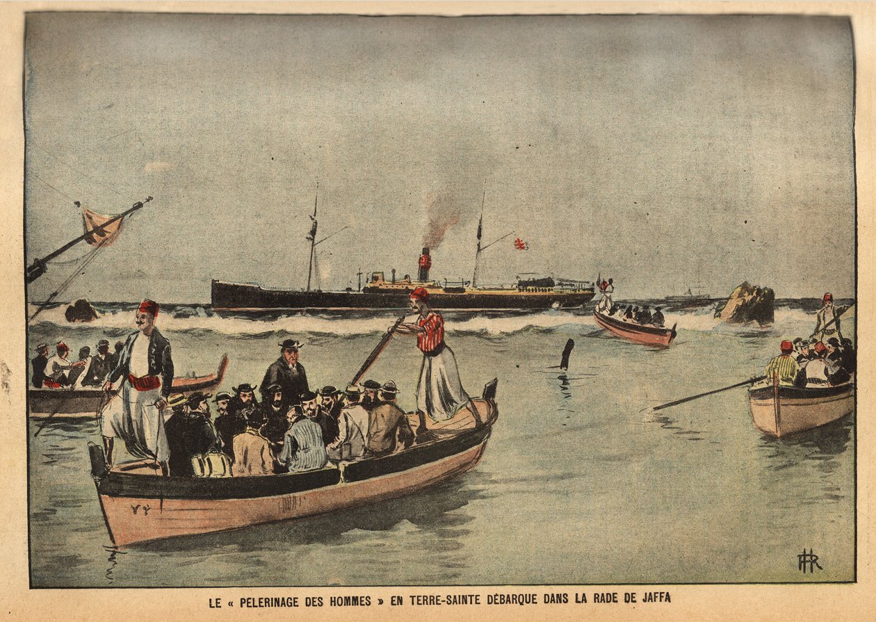 La peregrinación de los hombres en Tierra Santa de Jaffa (Israel). Grabado en "Le pelerin" 8/09/1901. Colección Selva. de French School