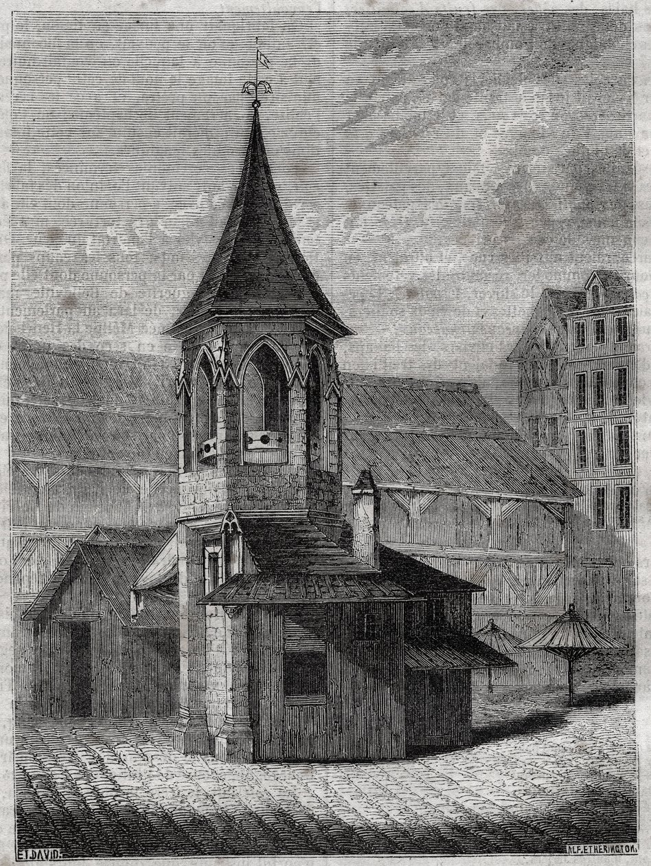 El picota de las halles en el siglo XVIII, construido sobre el antiguo cementerio de los Inocentes - Grabado en “La historia física, civil y moral de París: desde los primeros tiempos históricos hasta la actualidad” por Jacques Antoine Dulaure de French School