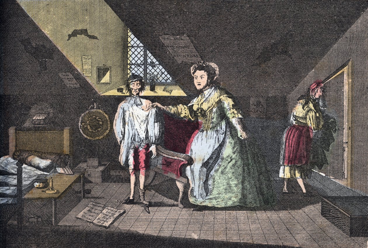 El sastre piadoso atrapado en adulterio. Grabado por Cabbage de 1768 en "Lire Et Galanterie". Colección semanal de imágenes galantes bajo la dirección de John Grand-Carteret. 1903-1904. de French School