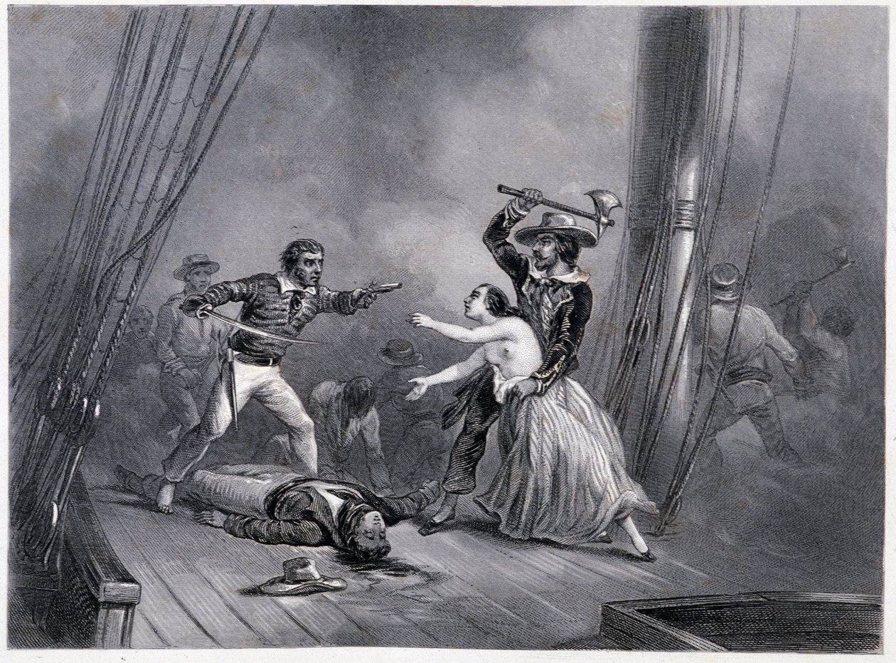 El pirata Morgan rapta a la bella española - en "Historia General de la Marina" de los hermanos E y V Penaud de French School