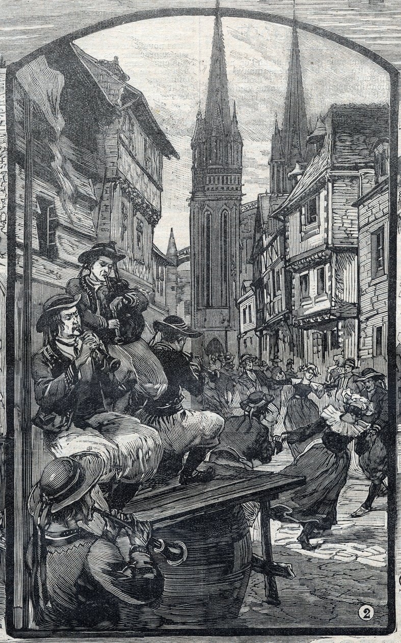 Los jugadores de biniou en Quimper (Finisterre, Bretaña). en "Le Petit Parisien" de French School