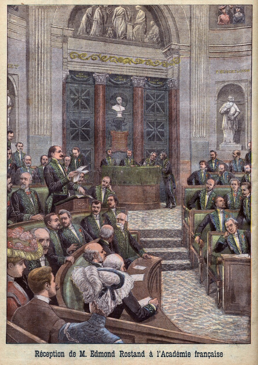 El poeta y dramaturgo Edmond Rostand siendo recibido en la Academia Francesa para "Le Petit Journal" de French School