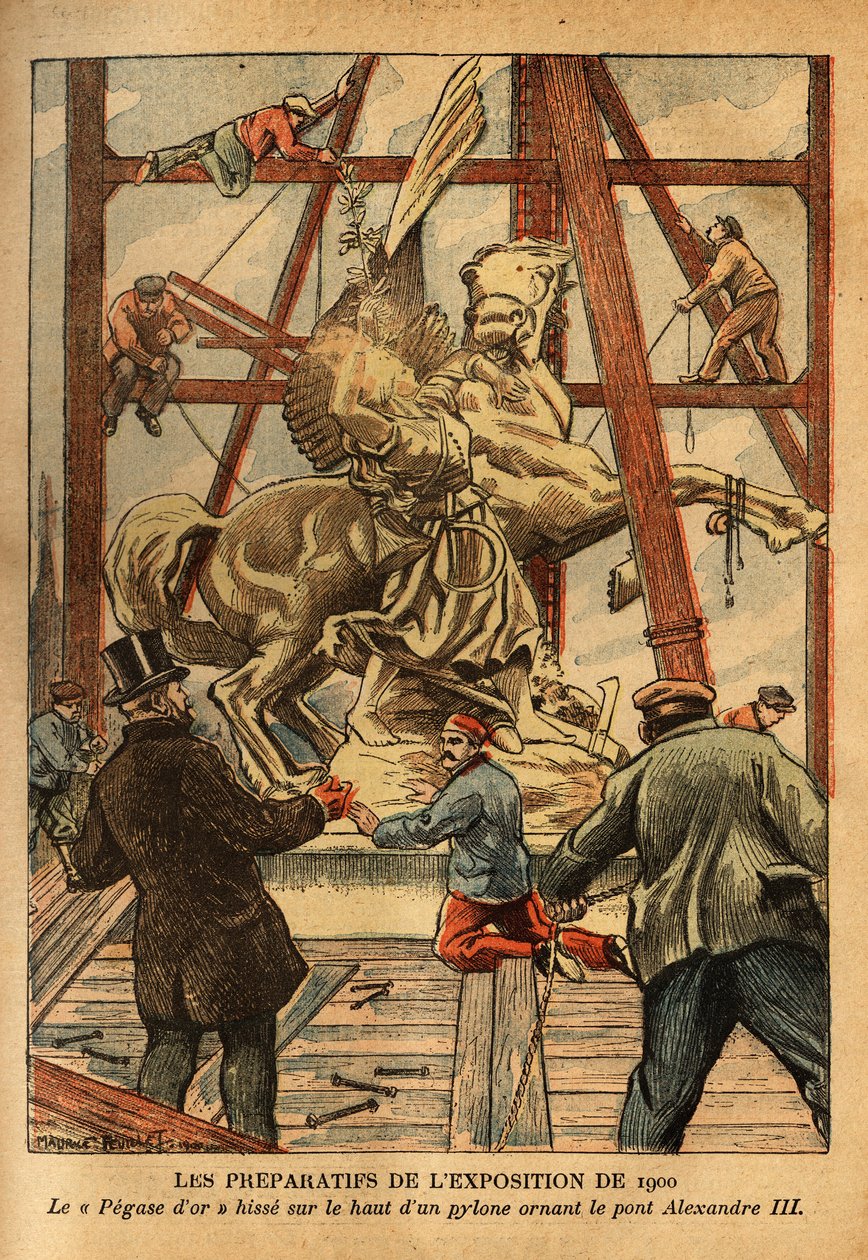 Los preparativos de la exposición de 1900, la estatua de "Pegase retenido por la brida por el Renommee", en bronce dorado, obra del escultor Emmanuel Fremiet (1824-1910), se cierne sobre la cima de uno de los cuatro pilones que adornan el puente Alejandro  de French School