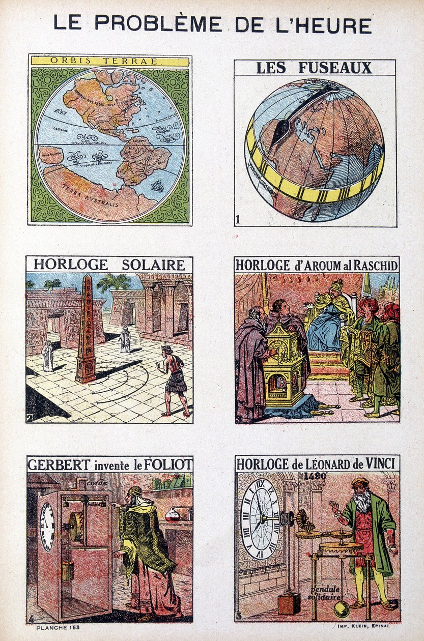 El problema del tiempo: Orbis Terrea, el huso, reloj solar, reloj de Aroum Al Racshid, Gerbert inventa el Foliot, reloj de Leonardo da Vinci - grabado, deb. siglo XX de French School