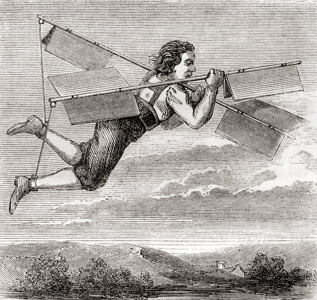 El supuesto vuelo del cerrajero francés Jacob Besnier, con la ayuda de un aparato volador diseñado por él mismo, en 1678, de "Les Merveilles de la Science", publicado hacia 1870 (litografía). de French School