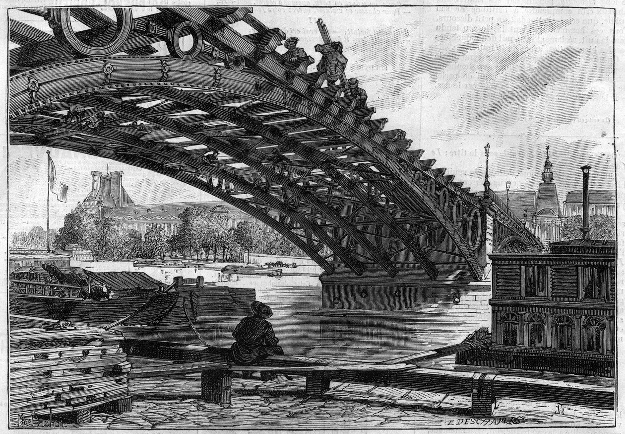 La reparación del puente de los Santos Peres (Pont du Carrousel) en 1883 (Saints-Peres) - grabado en "Le journal illustrious" de French School
