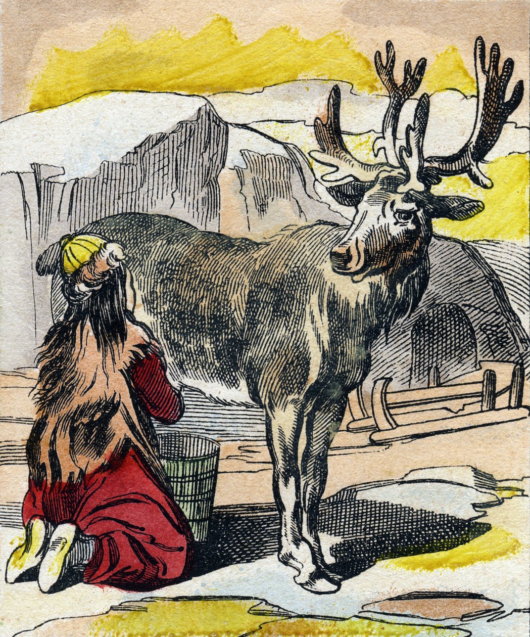 El reno siendo ordeñado. Grabado en "Buffon Alphabet des Animaux". 3ª Serie N 1. Imágenes de Epinal, Epinal, finales del siglo XIX. 16 páginas. de French School