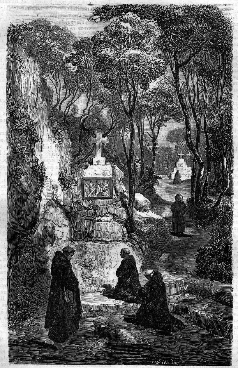 Los religiosos de San Benito (San Benoit) en oración. Grabado en “Histoire des Papes-Rois-Reinas-y-Emperadores a través de los siglos” de Maurice Lachatre de French School