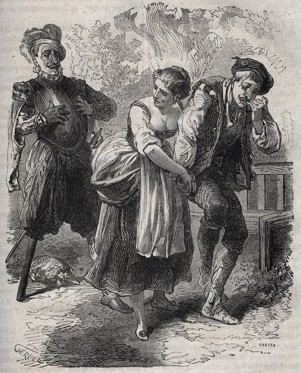 El regreso de Martin Guerre (circa 1524 alrededor de 1560): apareció ante su esposa, Bertrande de Rols, y el que había usurpado su identidad, el impostor Arnaud du Tilh (Thil). Grabado de 1871 en “Histoire Des Cocus Celebres” por Henry de Kock (1819-1892). de French School
