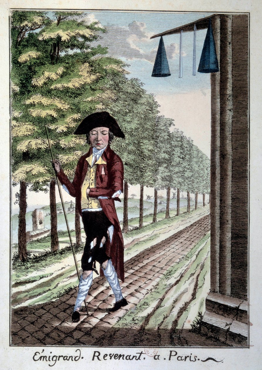 El regreso de un emigrante al final de la Revolución Francesa. Un noble desgarrado que huyó de la ciudad durante la Revolución. Grabado del siglo XIX París, Musee Carnavalet de French School